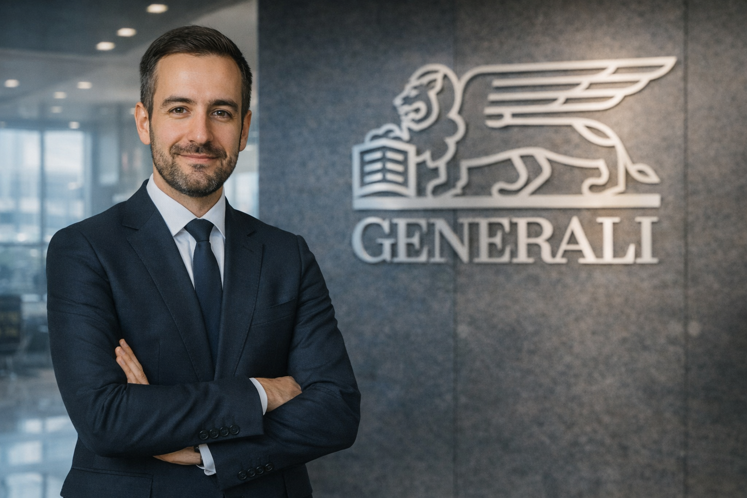 Generali Group Yatırım ana sayfa görseli, profesyonel yönetici ve modern şirket binası arka planı