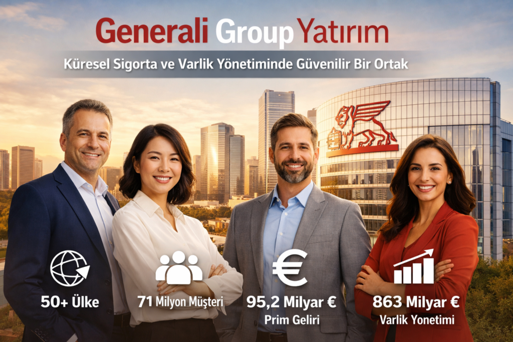 Generali Group Yatırım ana sayfa görseli, modern ofis binası önünde profesyonel ekip, küresel sigorta ve varlık yönetimi, güvenilir yatırım ortağı